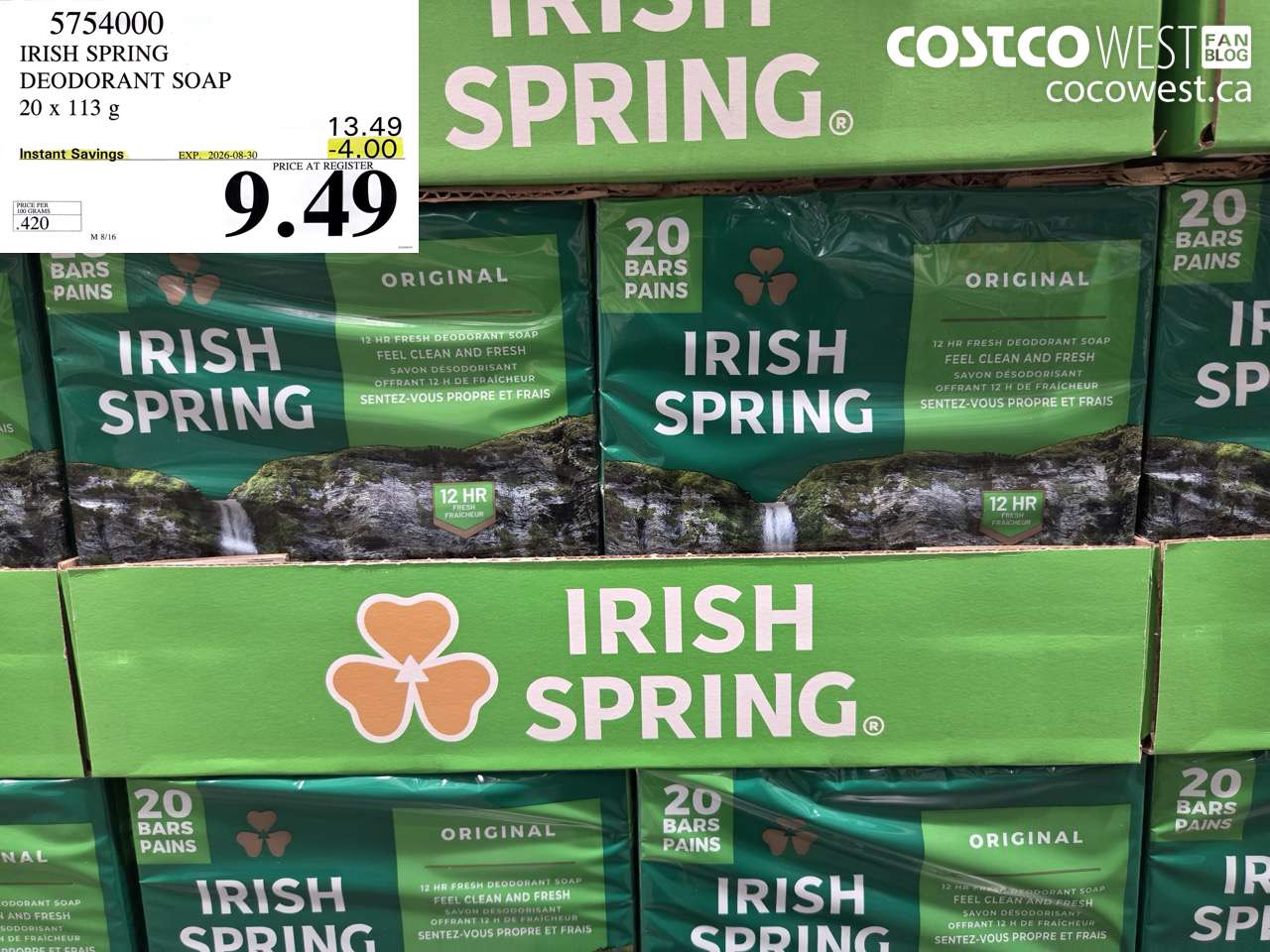 5754000 IRISH SPRING DEODORANT SOAP 20 X 113 G ($4.00 INSTANT SAVINGS EXPIRES ON 2026-08-30) $9.49