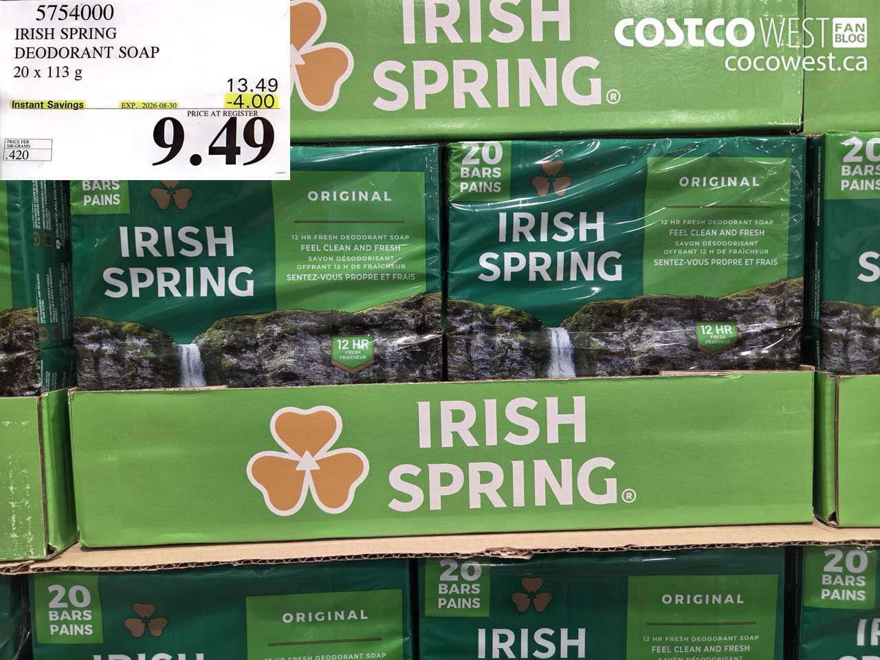 5754000 IRISH SPRING DEODORANT SOAP 20 X 113 G ($4.00 INSTANT SAVINGS EXPIRES ON 2026-08-30) $9.49
