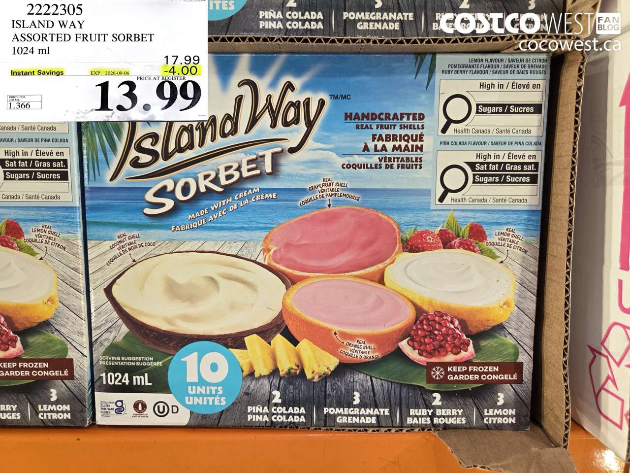 2222305 ISLAND WAY ASSORTED FRUIT SORBET 1024 ML ($4.00 INSTANT SAVINGS EXPIRES ON 2026-09-06) $13.99