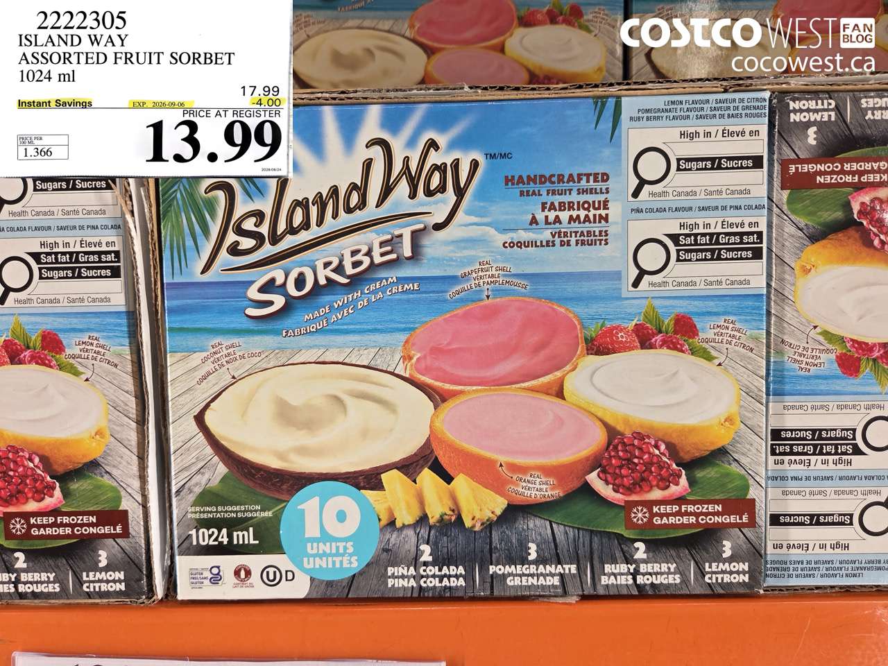 2222305 ISLAND WAY ASSORTED FRUIT SORBET 1024 ML ($4.00 INSTANT SAVINGS EXPIRES ON 2026-09-06) $13.99
