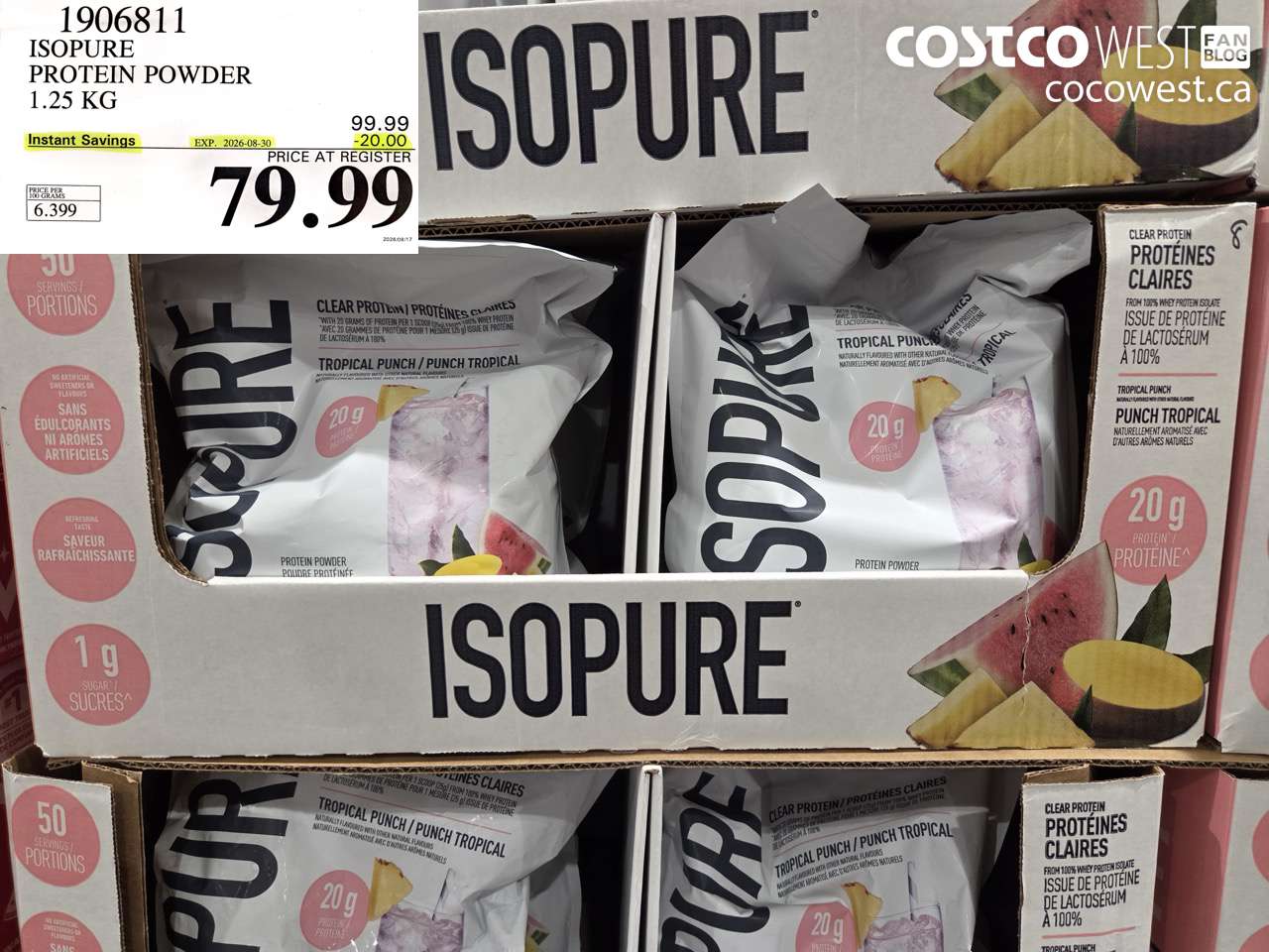 1906811 ISOPURE PROTEIN POWDER 1.25 KG ($20.00 INSTANT SAVINGS EXPIRES ON 2026-08-30) $79.99