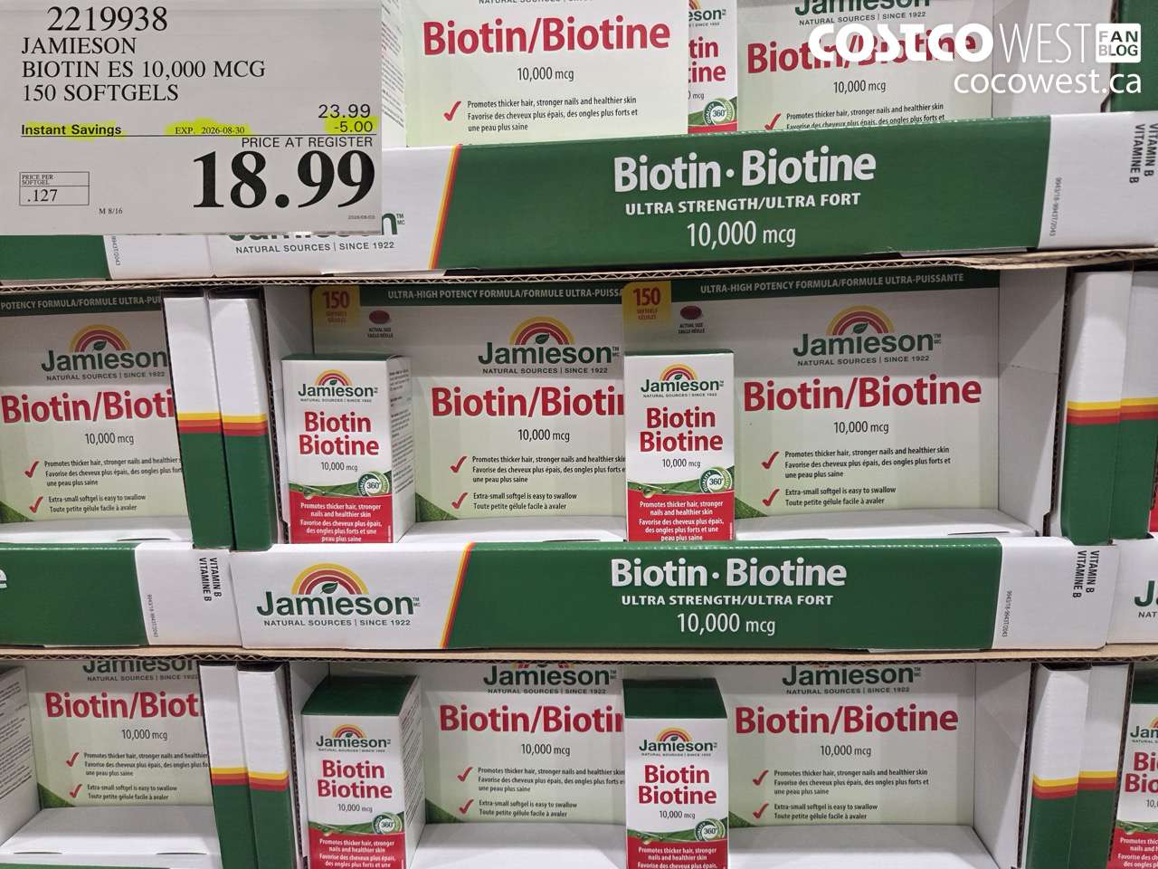 2219938 JAMIESON BIOTIN ES 10,000 MCG 150 SOFTGELS ($5.00 INSTANT SAVINGS EXPIRES ON 2026-08-30) $18.99