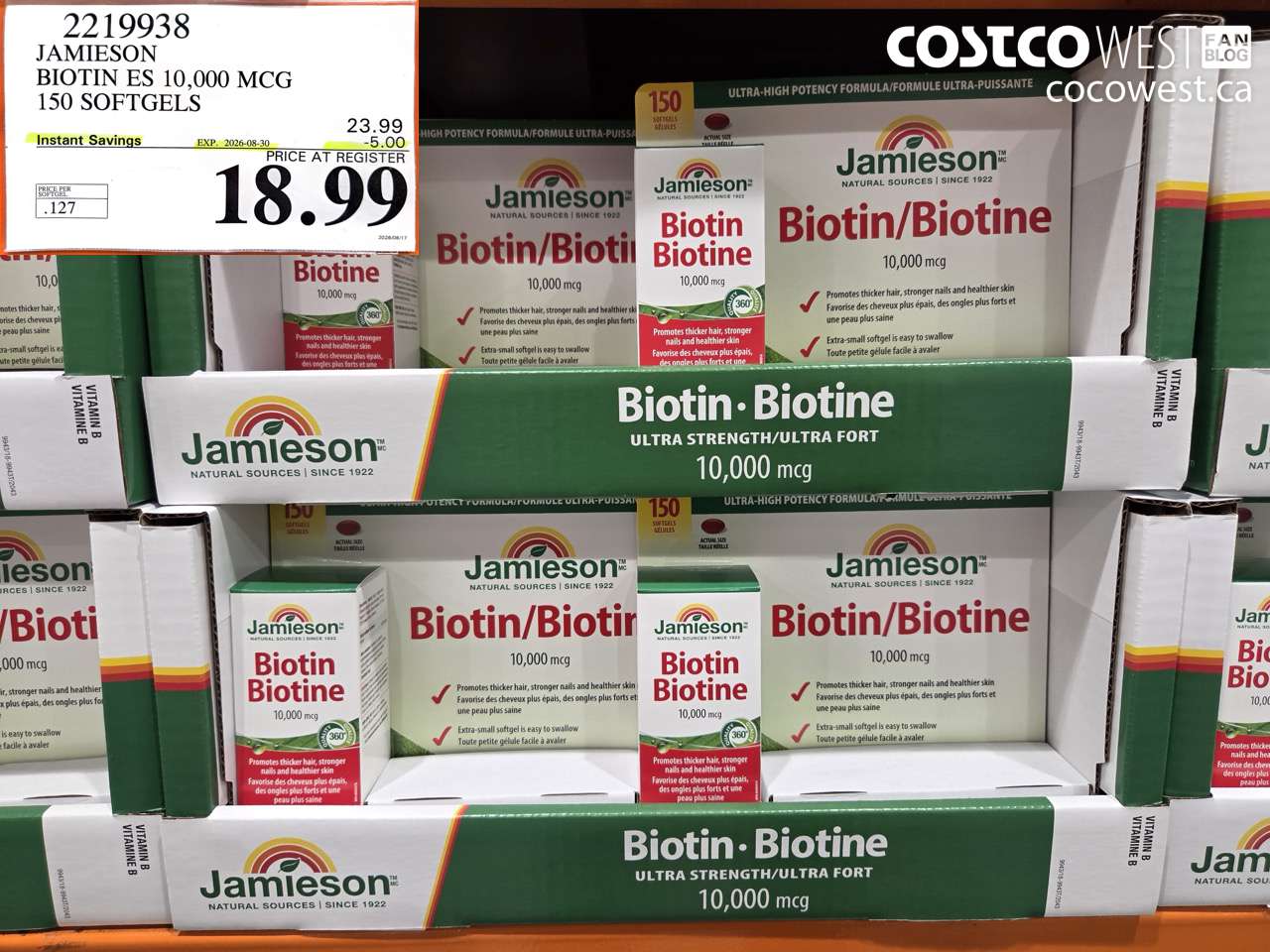 2219938 JAMIESON BIOTIN ES 10,000 MCG 150 SOFTGELS ($5.00 INSTANT SAVINGS EXPIRES ON 2026-08-30) $18.99