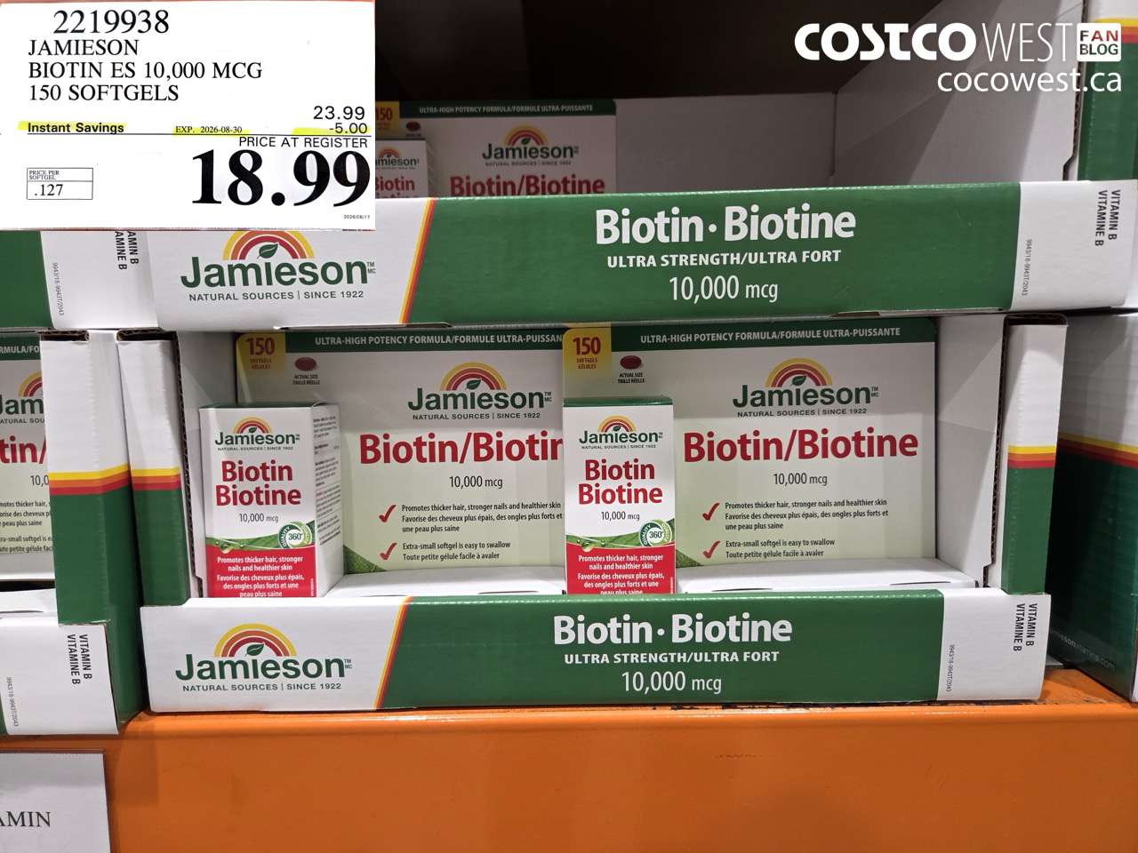 2219938 JAMIESON BIOTIN ES 10,000 MCG 150 SOFTGELS ($5.00 INSTANT SAVINGS EXPIRES ON 2026-08-30) $18.99