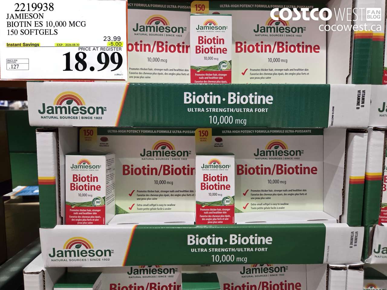 2219938 JAMIESON BIOTIN ES 10,000 MCG 150 SOFTGELS ($5.00 INSTANT SAVINGS EXPIRES ON 2026-08-30) $18.99