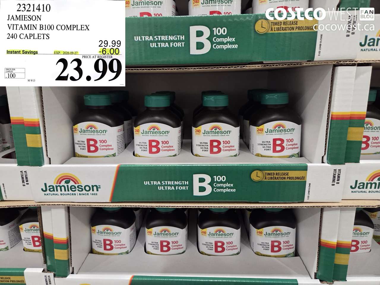 2321410 JAMIESON VITAMIN B100 COMPLEX 240 CAPLETS ($6.00 INSTANT SAVINGS EXPIRES ON 2026-09-27) $23.99
