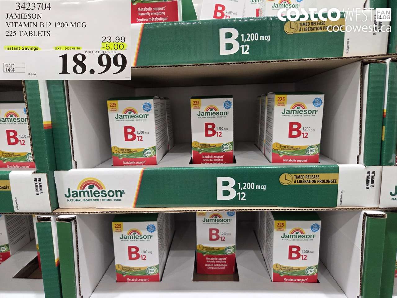 3423704 JAMIESON VITAMIN B12 1200 MCG 225 TABLETS ($5.00 INSTANT SAVINGS EXPIRES ON 2026-08-30) $18.99