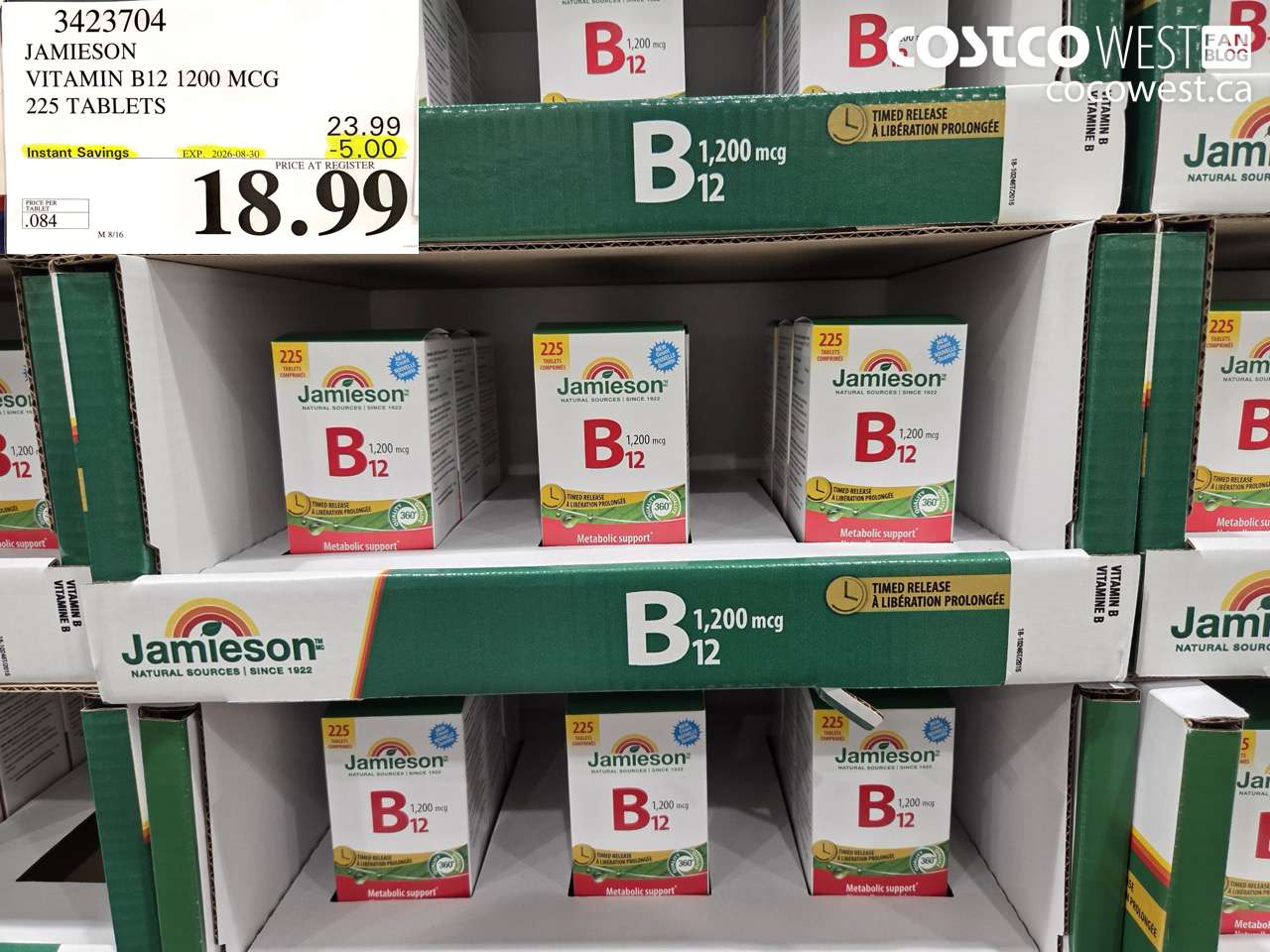 3423704 JAMIESON VITAMIN B12 1200 MCG 225 TABLETS ($5.00 INSTANT SAVINGS EXPIRES ON 2026-08-30) $18.99