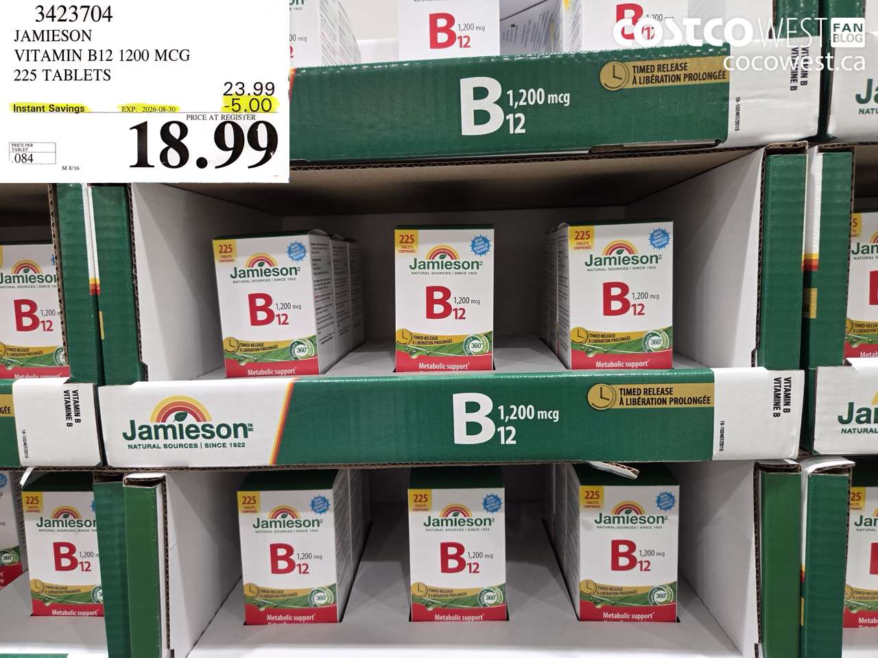 3423704 JAMIESON VITAMIN B12 1200 MCG 225 TABLETS ($5.00 INSTANT SAVINGS EXPIRES ON 2026-08-30) $18.99