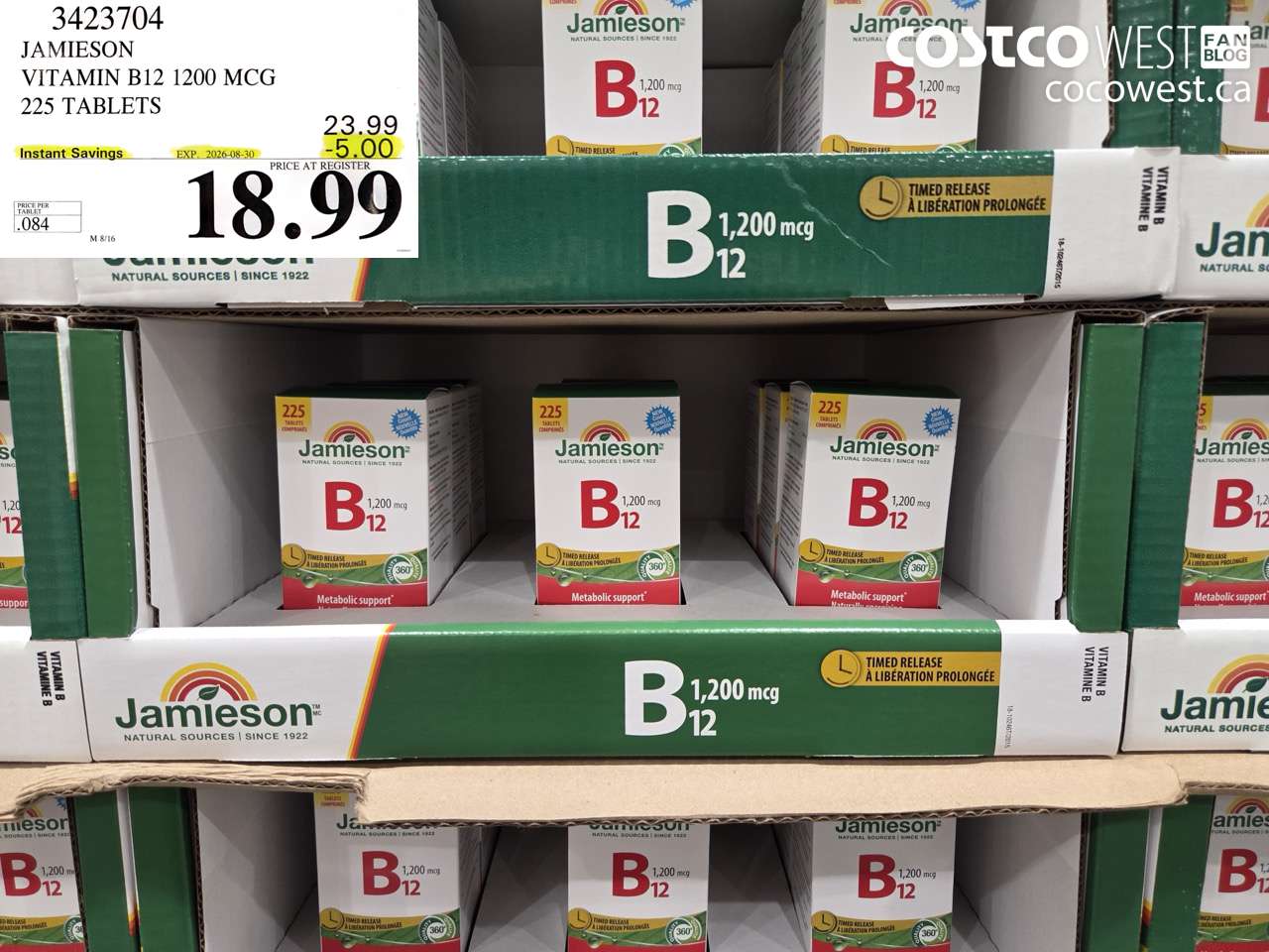 3423704 JAMIESON VITAMIN B12 1200 MCG 225 TABLETS ($5.00 INSTANT SAVINGS EXPIRES ON 2026-08-30) $18.99