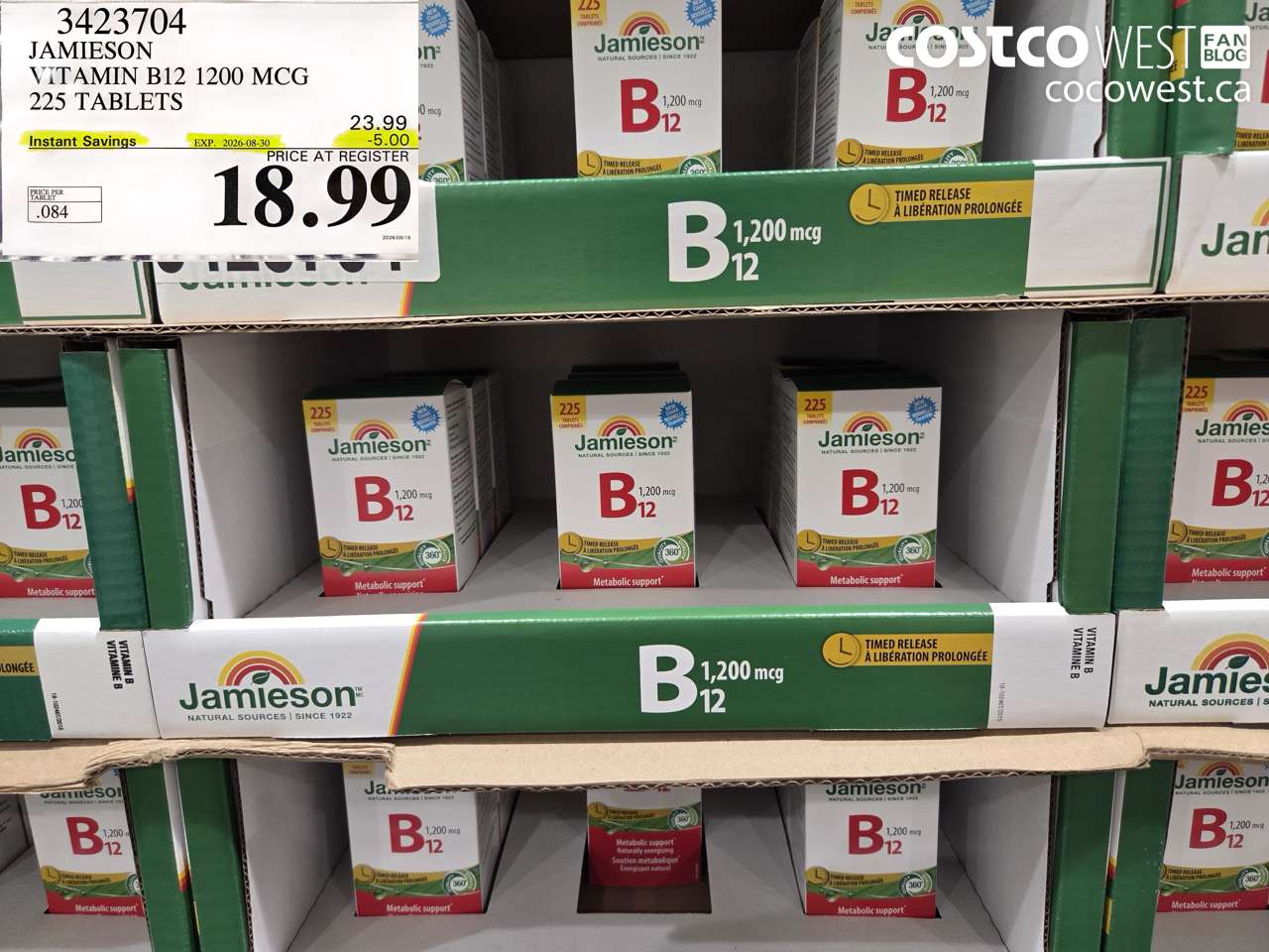3423704 JAMIESON VITAMIN B12 1200 MCG 225 TABLETS ($5.00 INSTANT SAVINGS EXPIRES ON 2026-08-30) $18.99