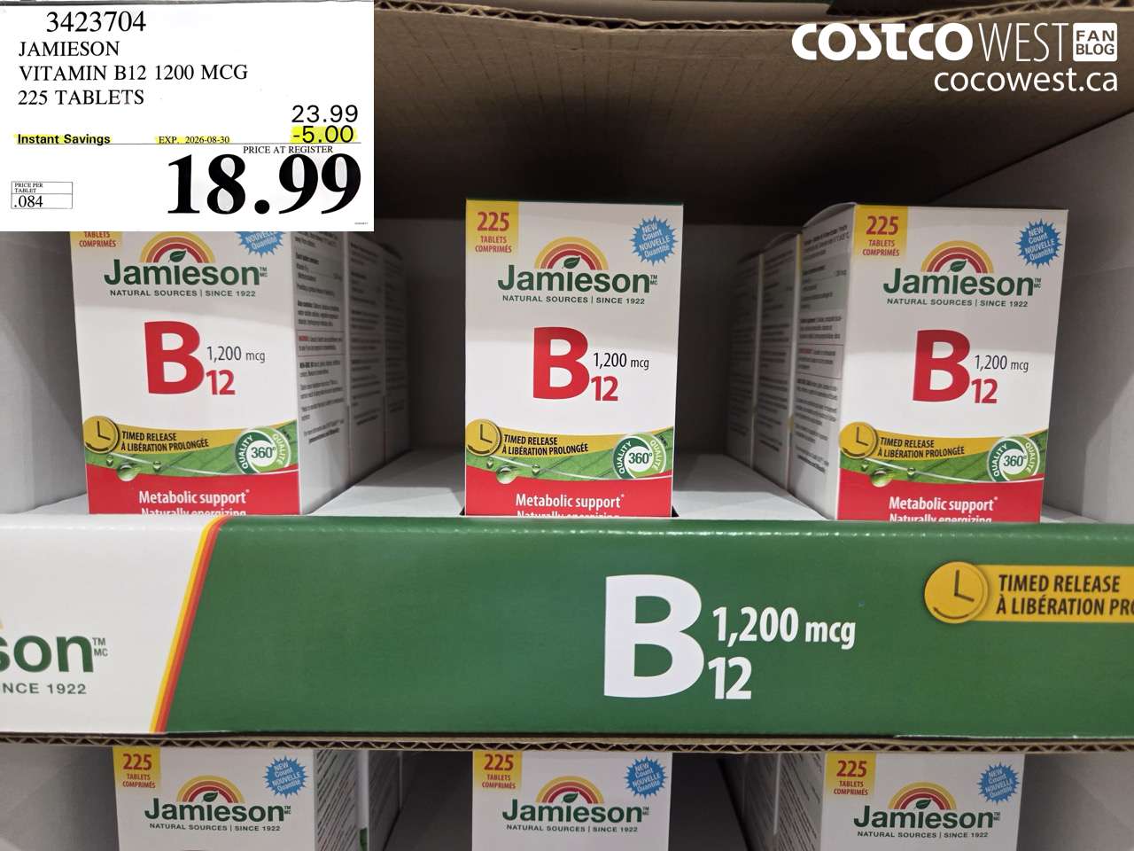 3423704 JAMIESON VITAMIN B12 1200 MCG 225 TABLETS ($5.00 INSTANT SAVINGS EXPIRES ON 2026-08-30) $18.99