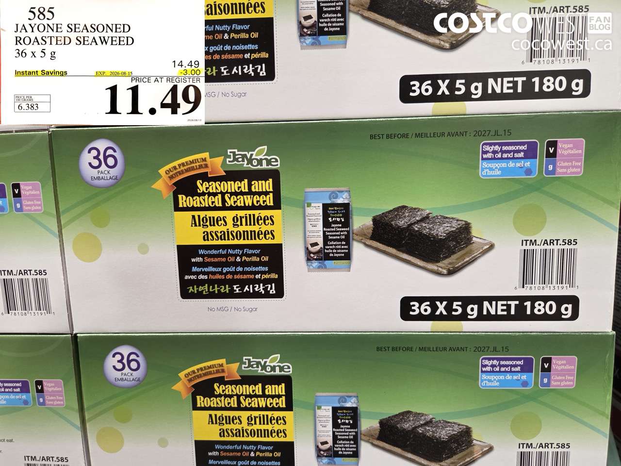 585 JAYONE SEASONED ROASTED SEAWEED 36 X 5 G ($3.00 INSTANT SAVINGS EXPIRES ON 2026-08-15) $11.49