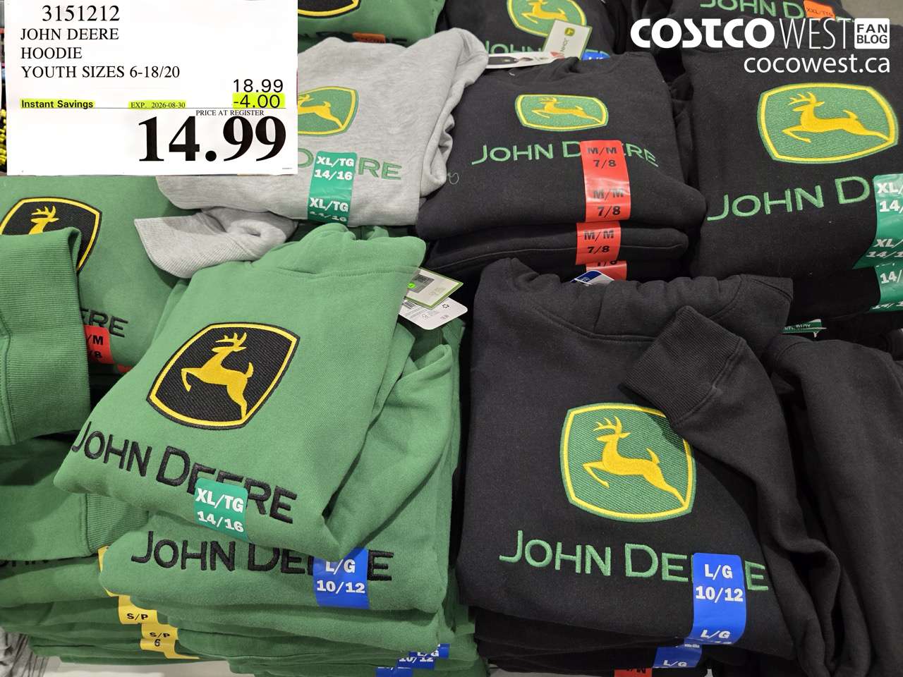 3151212 JOHN DEERE HOODIE YOUTH SIZES 6-18/20 ($4.00 INSTANT SAVINGS EXPIRES ON 2026-08-30) $14.99