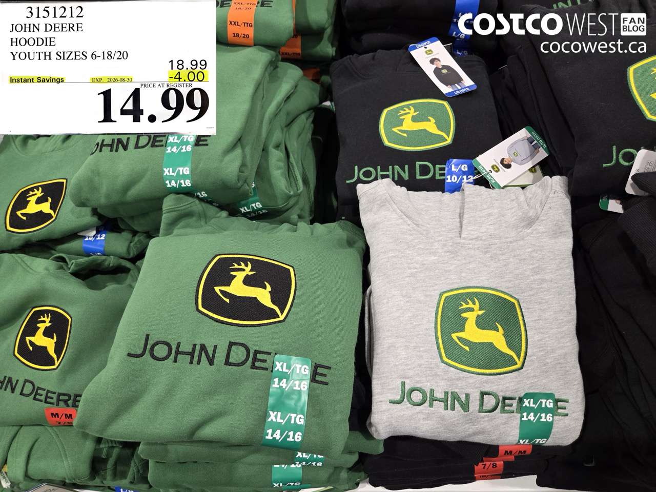 3151212 JOHN DEERE HOODIE YOUTH SIZES 6-18/20 ($4.00 INSTANT SAVINGS EXPIRES ON 2026-08-30) $14.99
