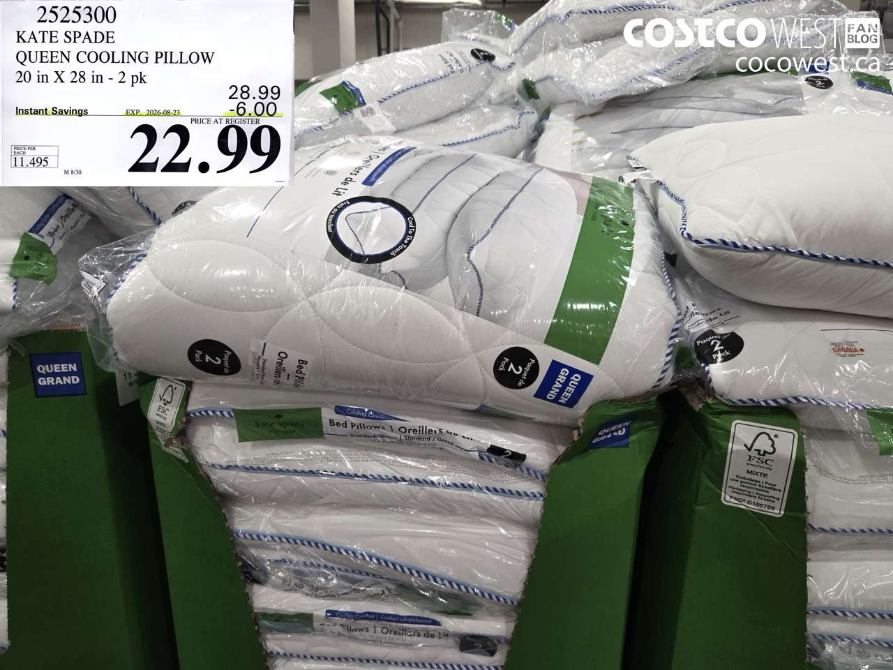 2525300 KATE SPADE QUEEN COOLING PILLOW 20 IN X 28 IN 2 PK ($6.00 INSTANT SAVINGS EXPIRES ON 2026-08-23) $22.99