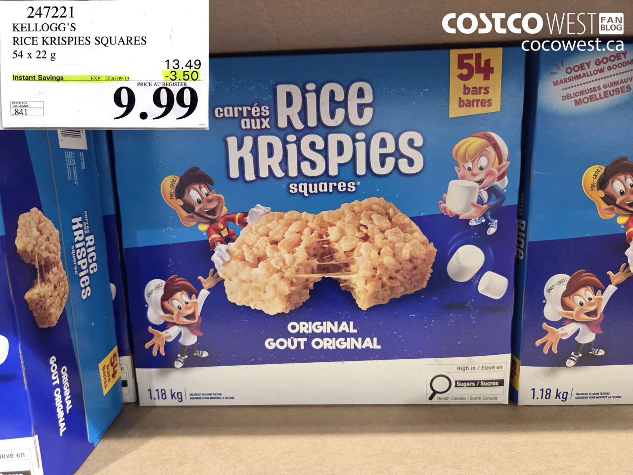 247221 KELLOGG'S RICE KRISPIES SQUARES 54 X 22 G ($3.50 INSTANT SAVINGS EXPIRES ON 2026-09-13) $9.99