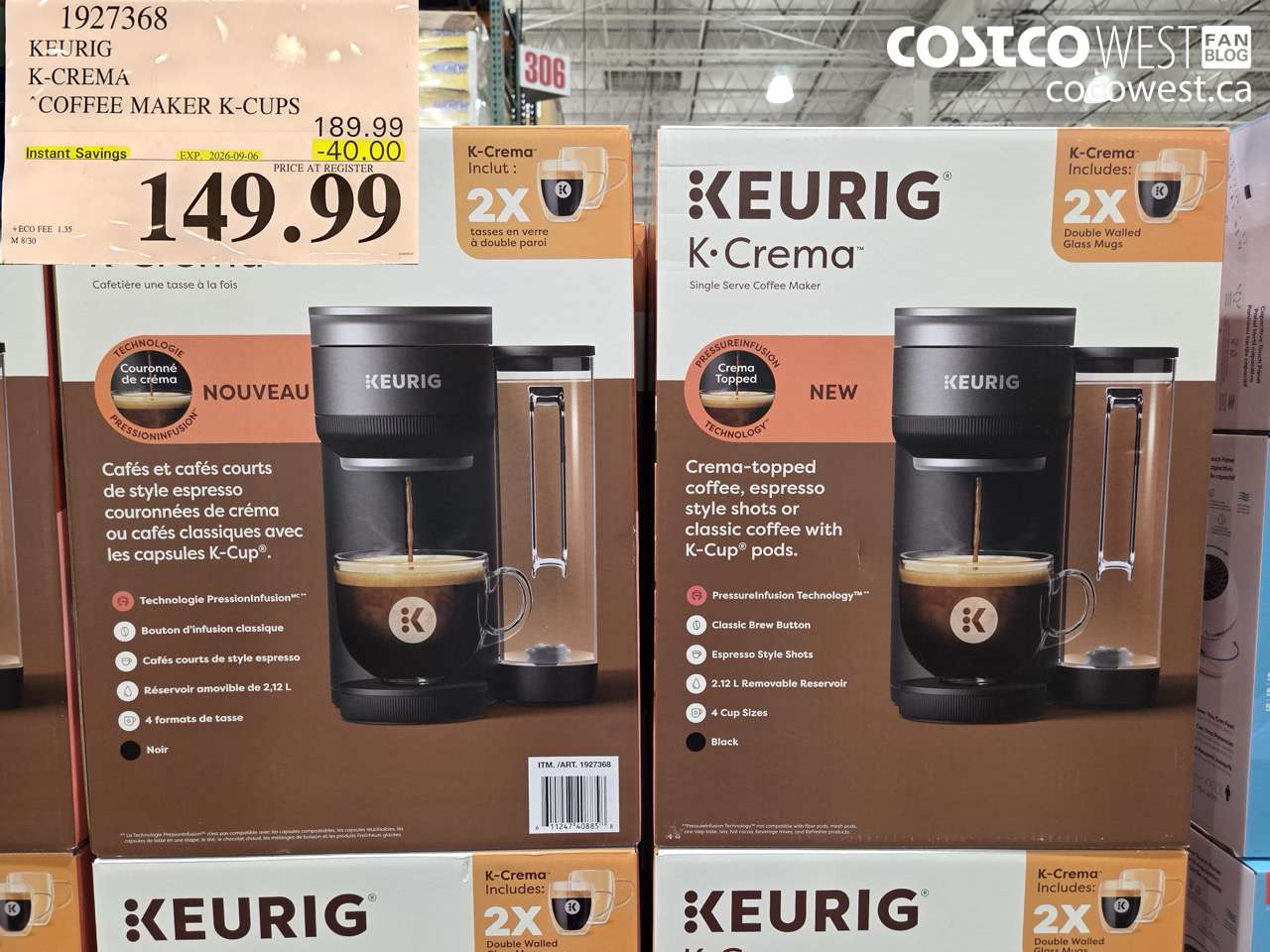 1927368 KEURIG K-CREMA COFFEE MAKER K-CUPS ($40.00 INSTANT SAVINGS EXPIRES ON 2026-09-06) $149.99