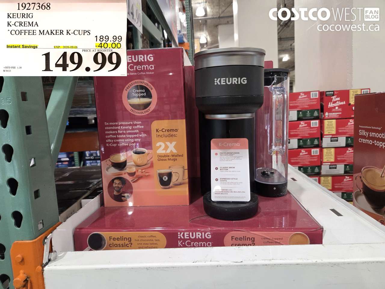 1927368 KEURIG K-CREMA COFFEE MAKER K-CUPS ($40.00 INSTANT SAVINGS EXPIRES ON 2026-09-06) $149.99