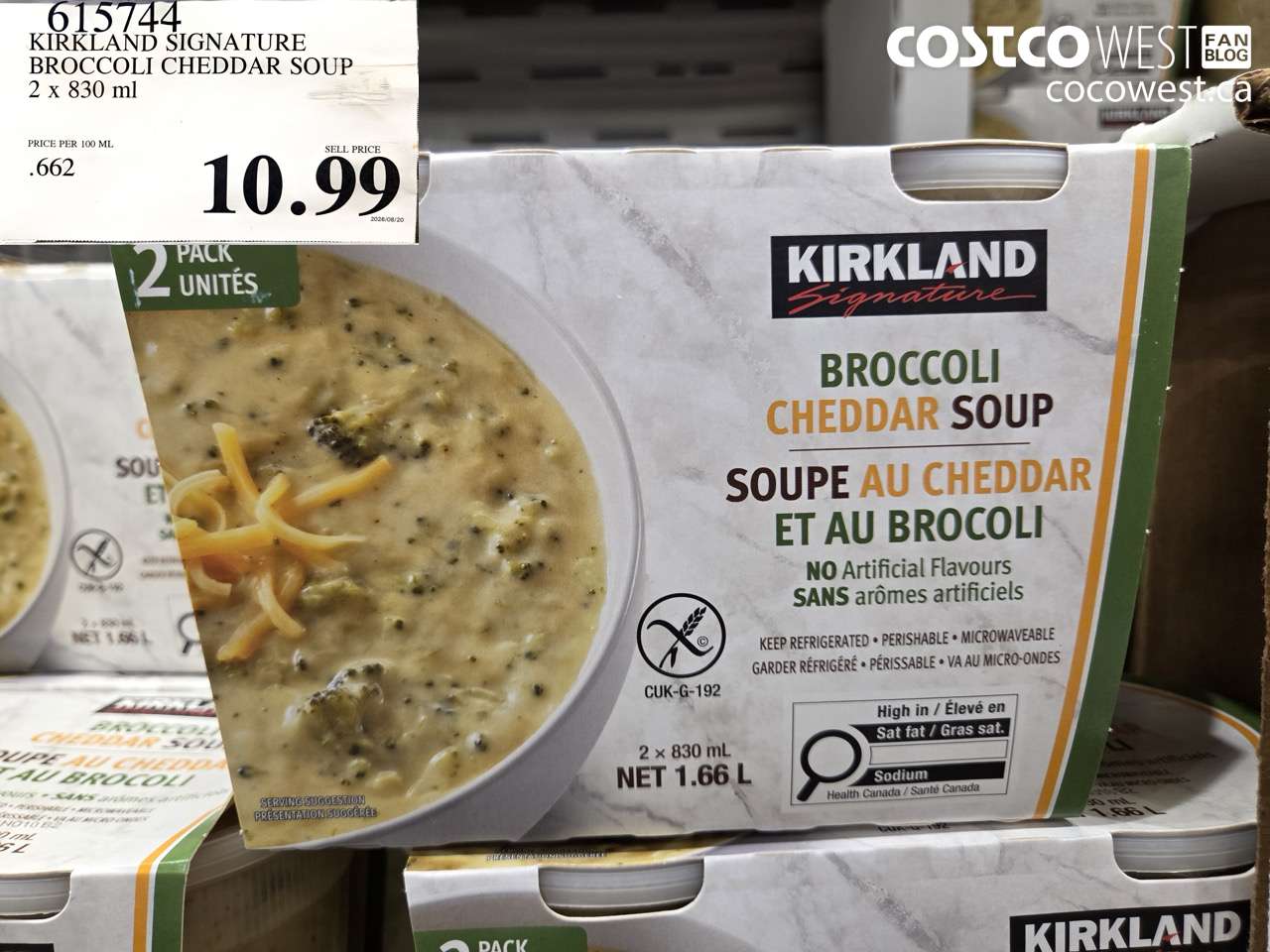 615744 KIRKLAND SIGNATURE BROCCOLI CHEDDAR SOUP 2 X 830 ML $10.99