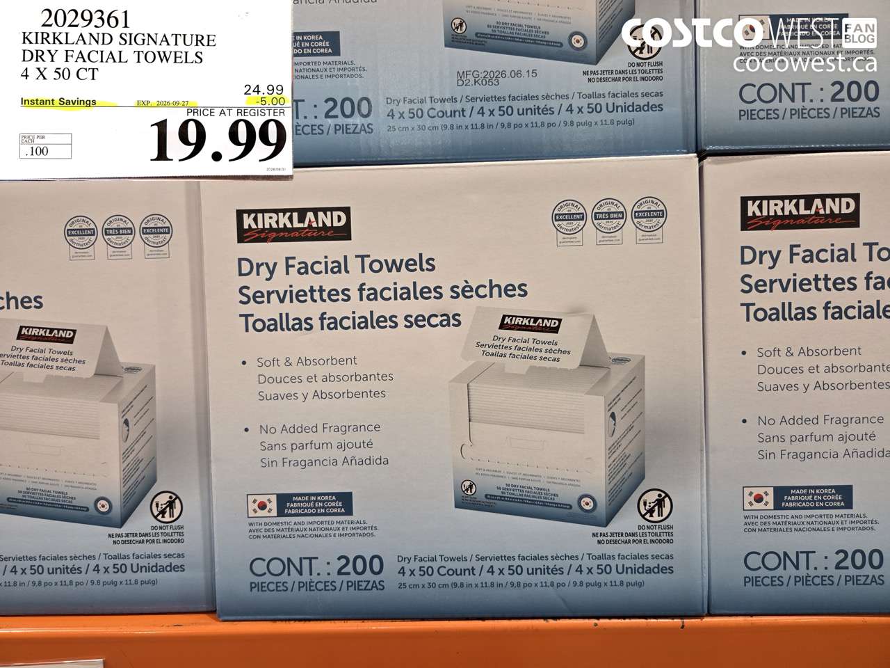 2029361 KIRKLAND SIGNATURE DRY FACIAL TOWELS 4 X 50 CT ($5.00 INSTANT SAVINGS EXPIRES ON 2026-09-27) $19.99