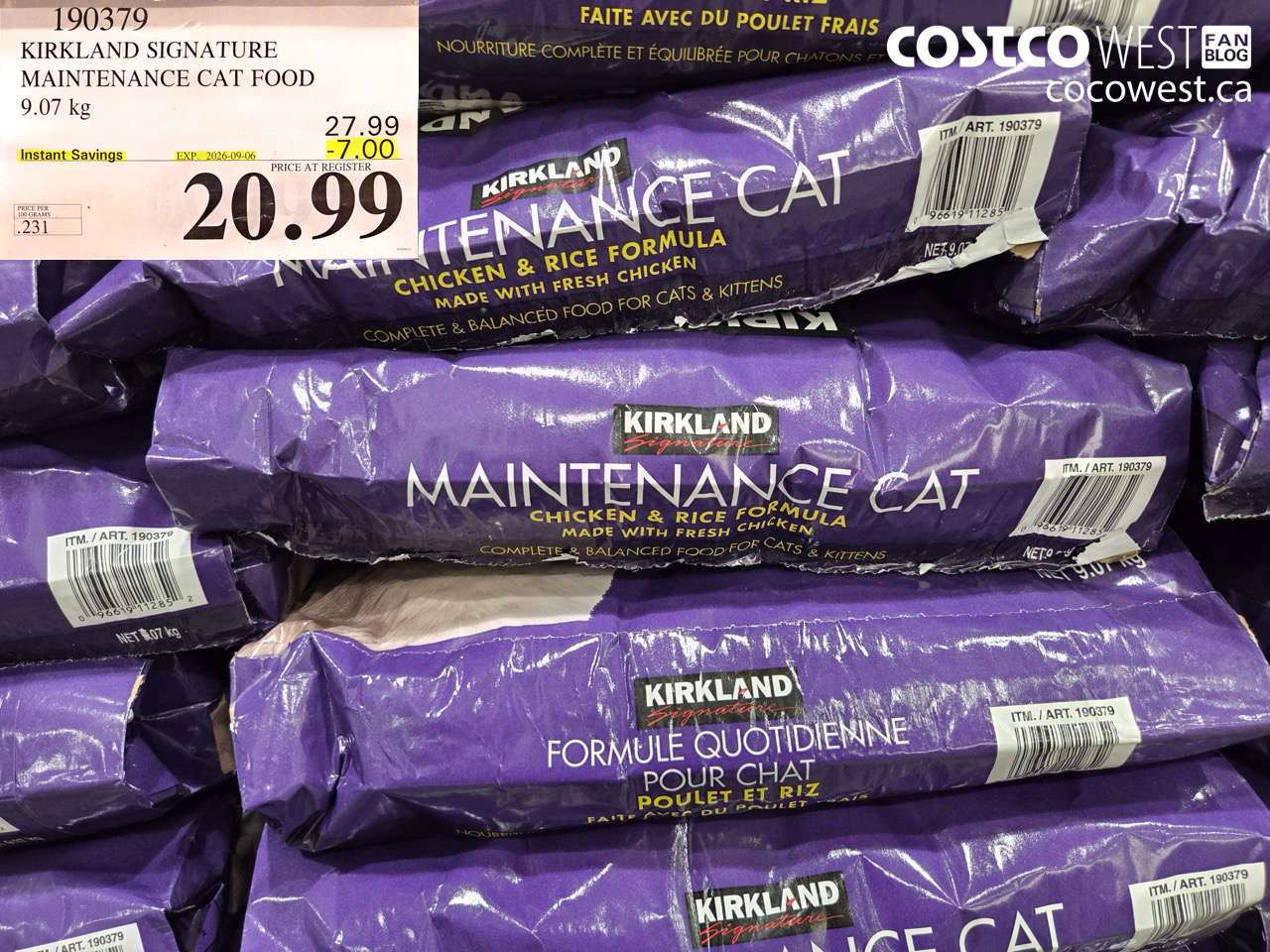 190379 KIRKLAND SIGNATURE MAINTENANCE CAT FOOD 9.07 KG ($7.00 INSTANT SAVINGS EXPIRES ON 2026-09-06) $20.99