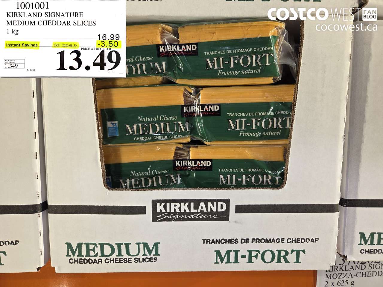 1001001 KIRKLAND SIGNATURE MEDIUM CHEDDAR SLICES 1 KG ($3.50 INSTANT SAVINGS EXPIRES ON 2026-08-30) $13.49