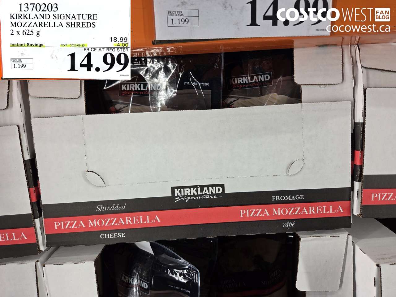 1370203 KIRKLAND SIGNATURE MOZZARELLA SHREDS 2 X 625 G ($4.00 INSTANT SAVINGS EXPIRES ON 2026-09-13) $14.99
