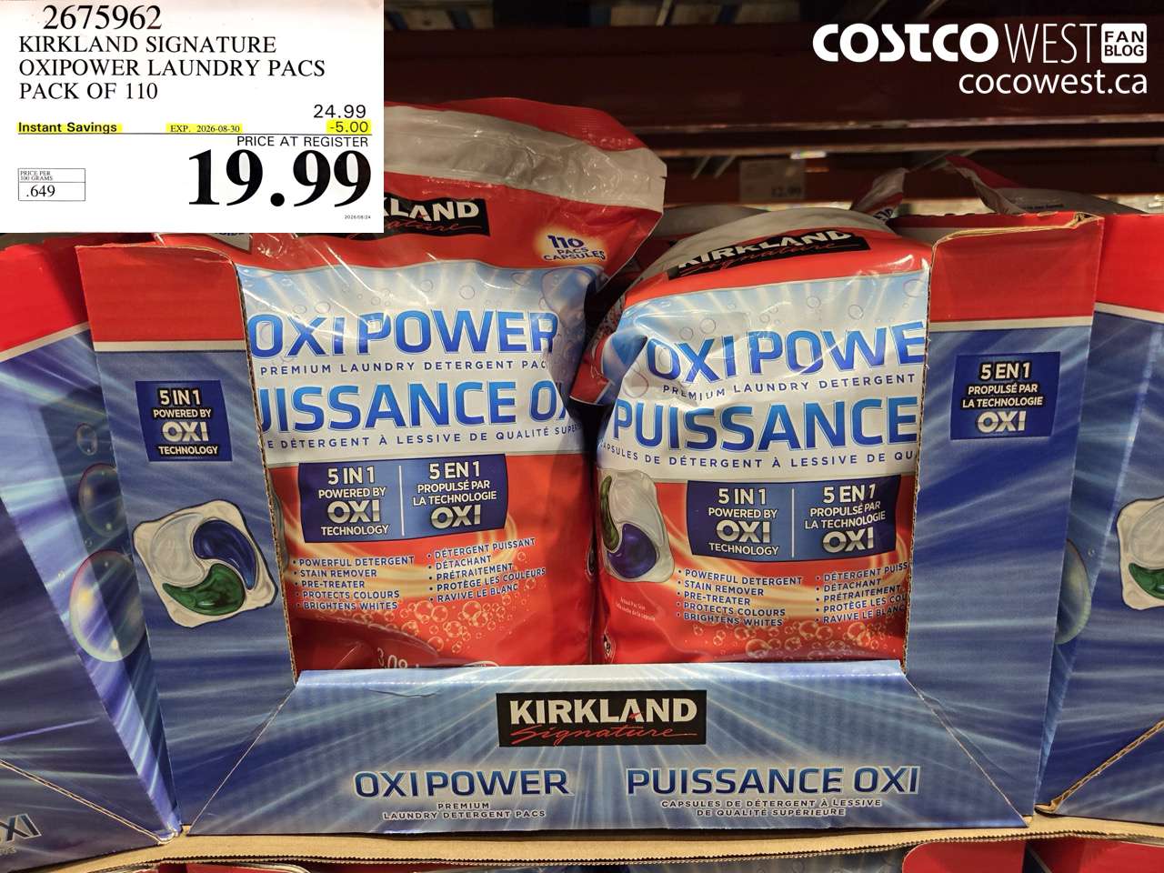 2675962 KIRKLAND SIGNATURE OXIPOWER LAUNDRY PACS PACK OF 110 ($5.00 INSTANT SAVINGS EXPIRES ON 2026-08-30) $19.99