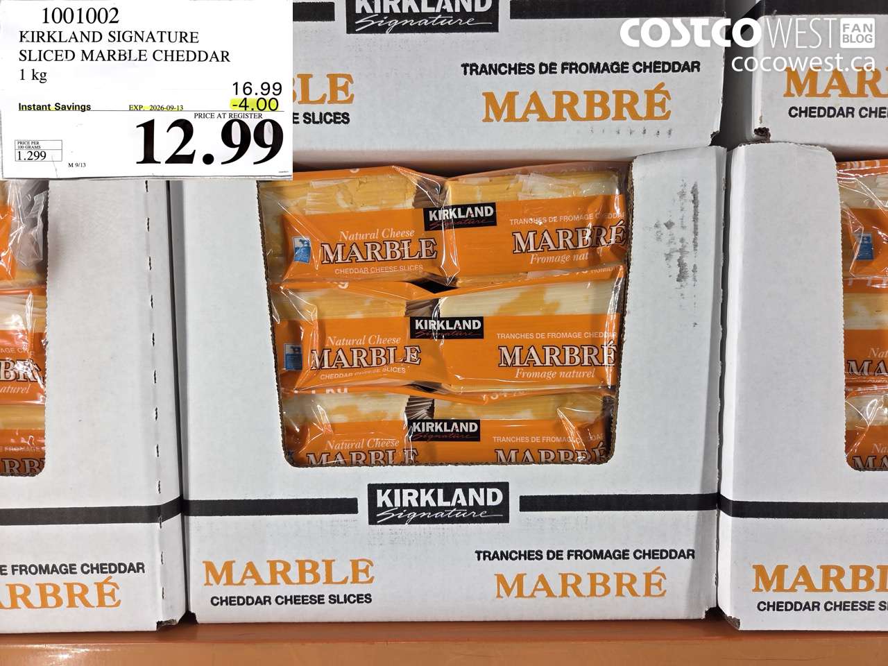 1001002 KIRKLAND SIGNATURE SLICED MARBLE CHEDDAR 1 KG ($4.00 INSTANT SAVINGS EXPIRES ON 2026-09-13) $12.99
