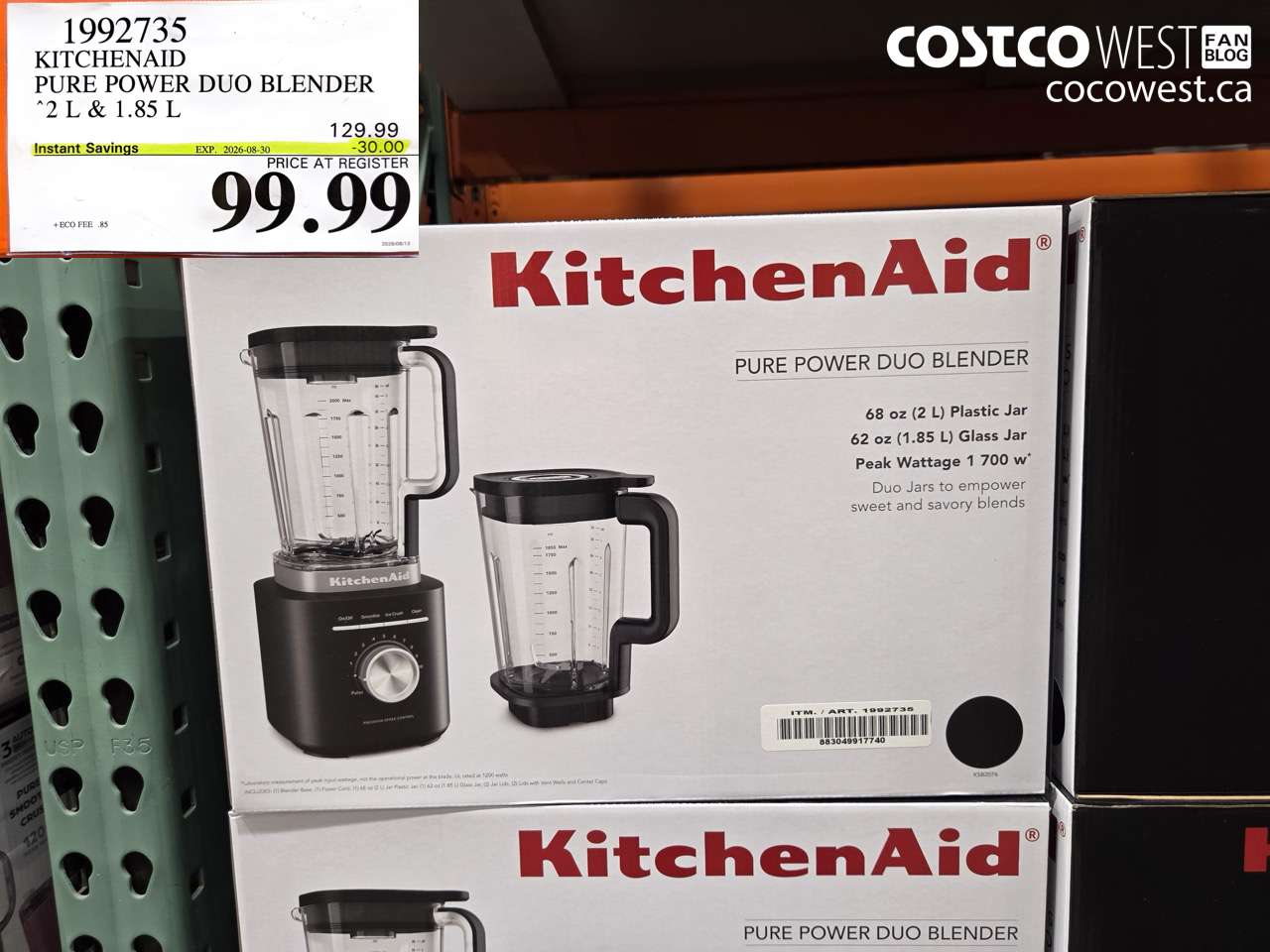 1992735 KITCHENAID PURE POWER DUO BLENDER 2 L & 1.85 L ($30.00 INSTANT SAVINGS EXPIRES ON 2026-08-30) $99.99