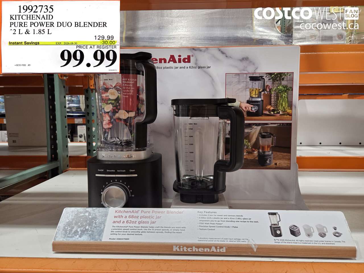 1992735 KITCHENAID PURE POWER DUO BLENDER 2 L & 1.85 L ($30.00 INSTANT SAVINGS EXPIRES ON 2026-08-30) $99.99