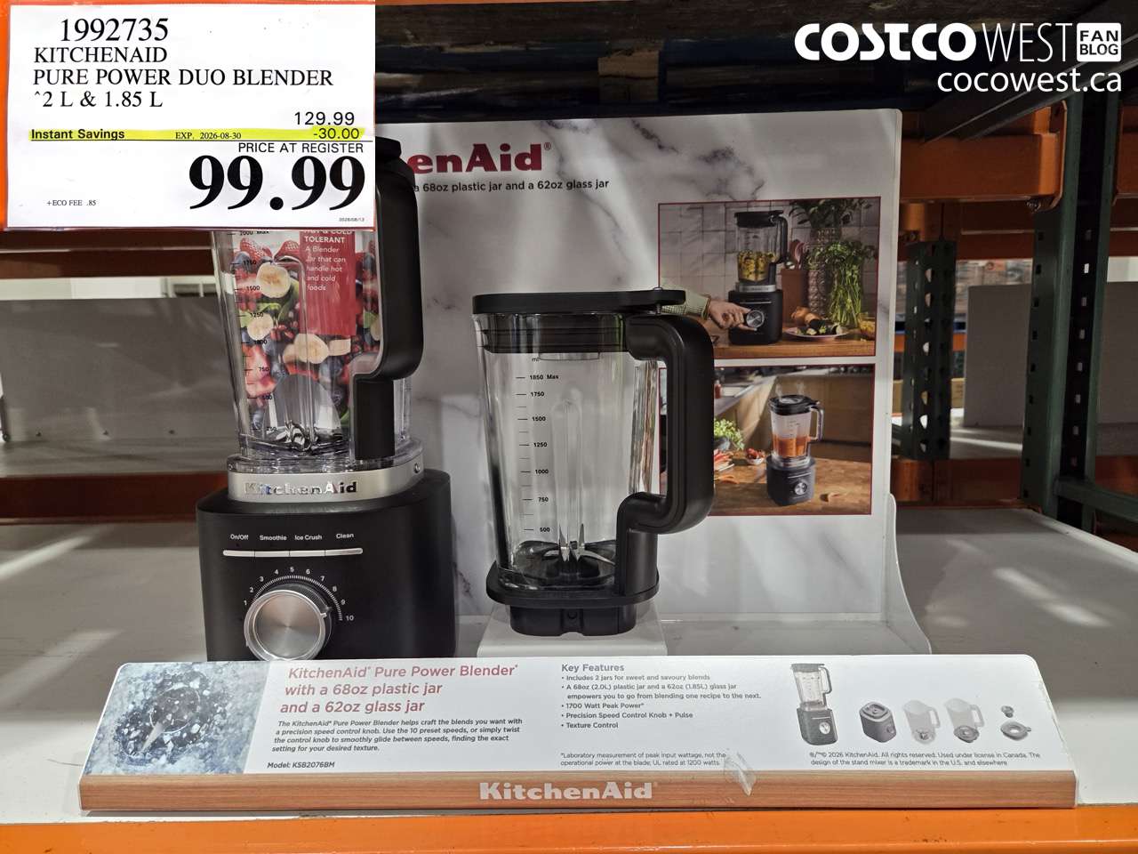 1992735 KITCHENAID PURE POWER DUO BLENDER 2 L & 1.85 L ($30.00 INSTANT SAVINGS EXPIRES ON 2026-08-30) $99.99