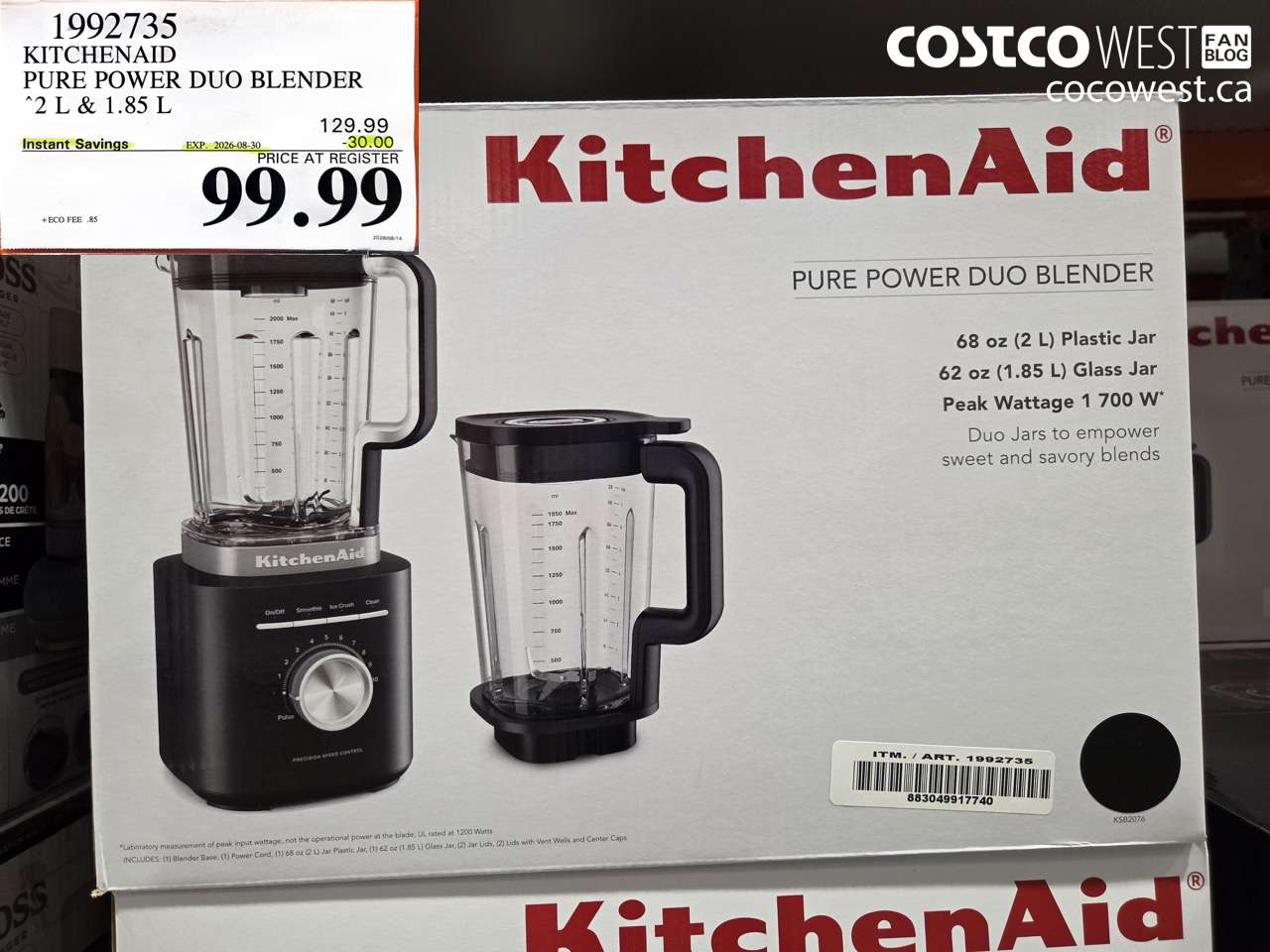 1992735 KITCHENAID PURE POWER DUO BLENDER 2 L & 1.85 L ($30.00 INSTANT SAVINGS EXPIRES ON 2026-08-30) $99.99