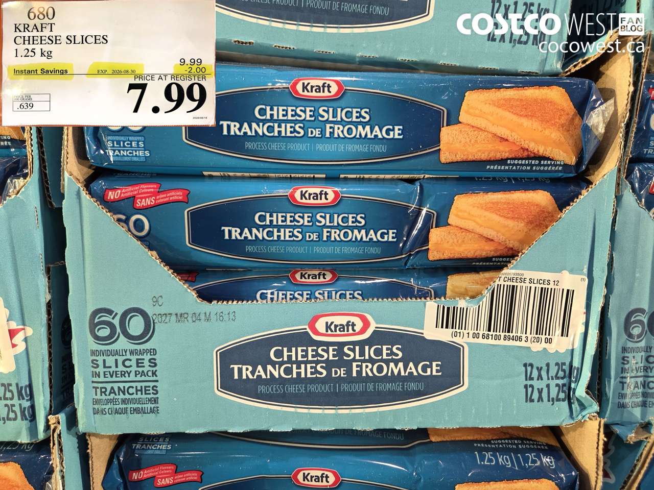 680 KRAFT CHEESE SLICES 1.25 KG ($2.00 INSTANT SAVINGS EXPIRES ON 2026-08-30) $7.99