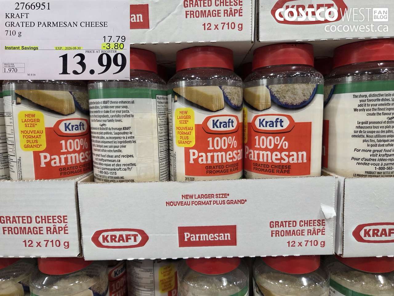 2766951 KRAFT GRATED PARMESAN CHEESE 710 G ($3.80 INSTANT SAVINGS EXPIRES ON 2026-08-30) $13.99