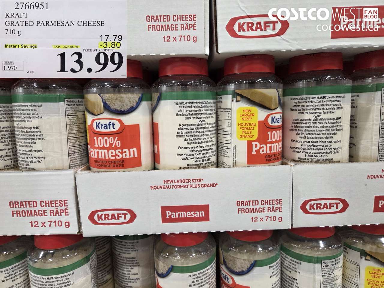 2766951 KRAFT GRATED PARMESAN CHEESE 710 G ($3.80 INSTANT SAVINGS EXPIRES ON 2026-08-30) $13.99
