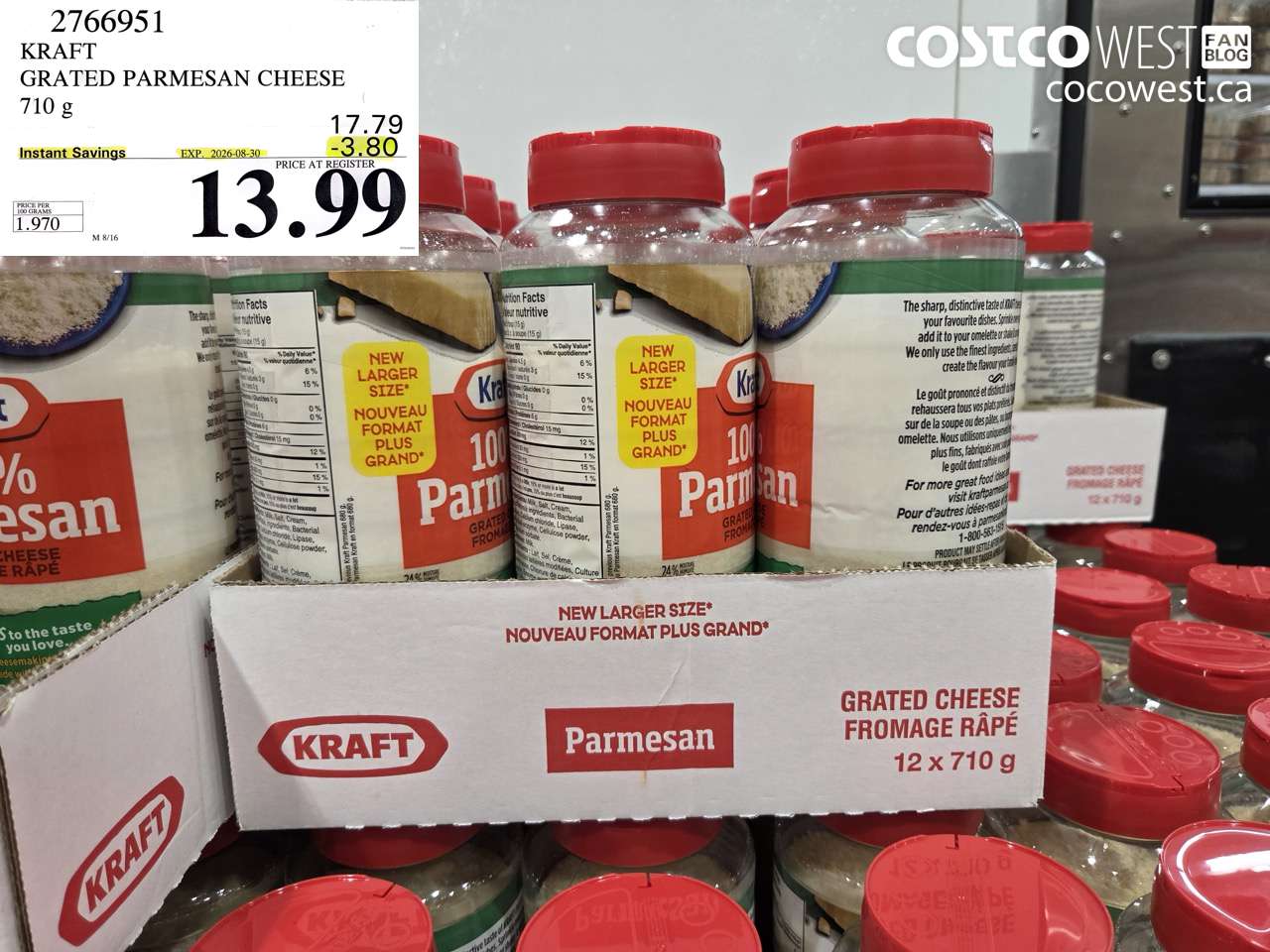 2766951 KRAFT GRATED PARMESAN CHEESE 710 G ($3.80 INSTANT SAVINGS EXPIRES ON 2026-08-30) $13.99