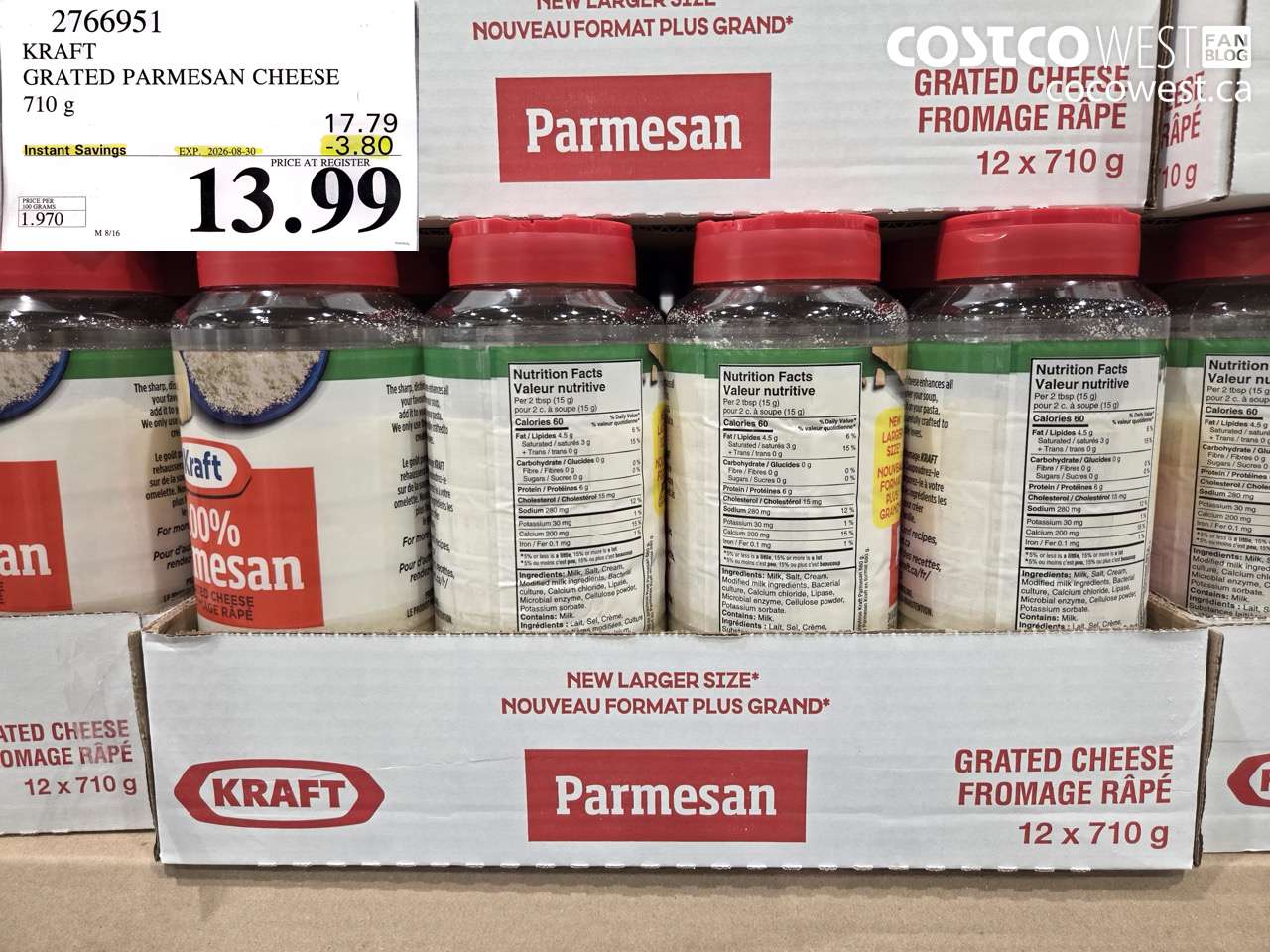 2766951 KRAFT GRATED PARMESAN CHEESE 710 G ($3.80 INSTANT SAVINGS EXPIRES ON 2026-08-30) $13.99