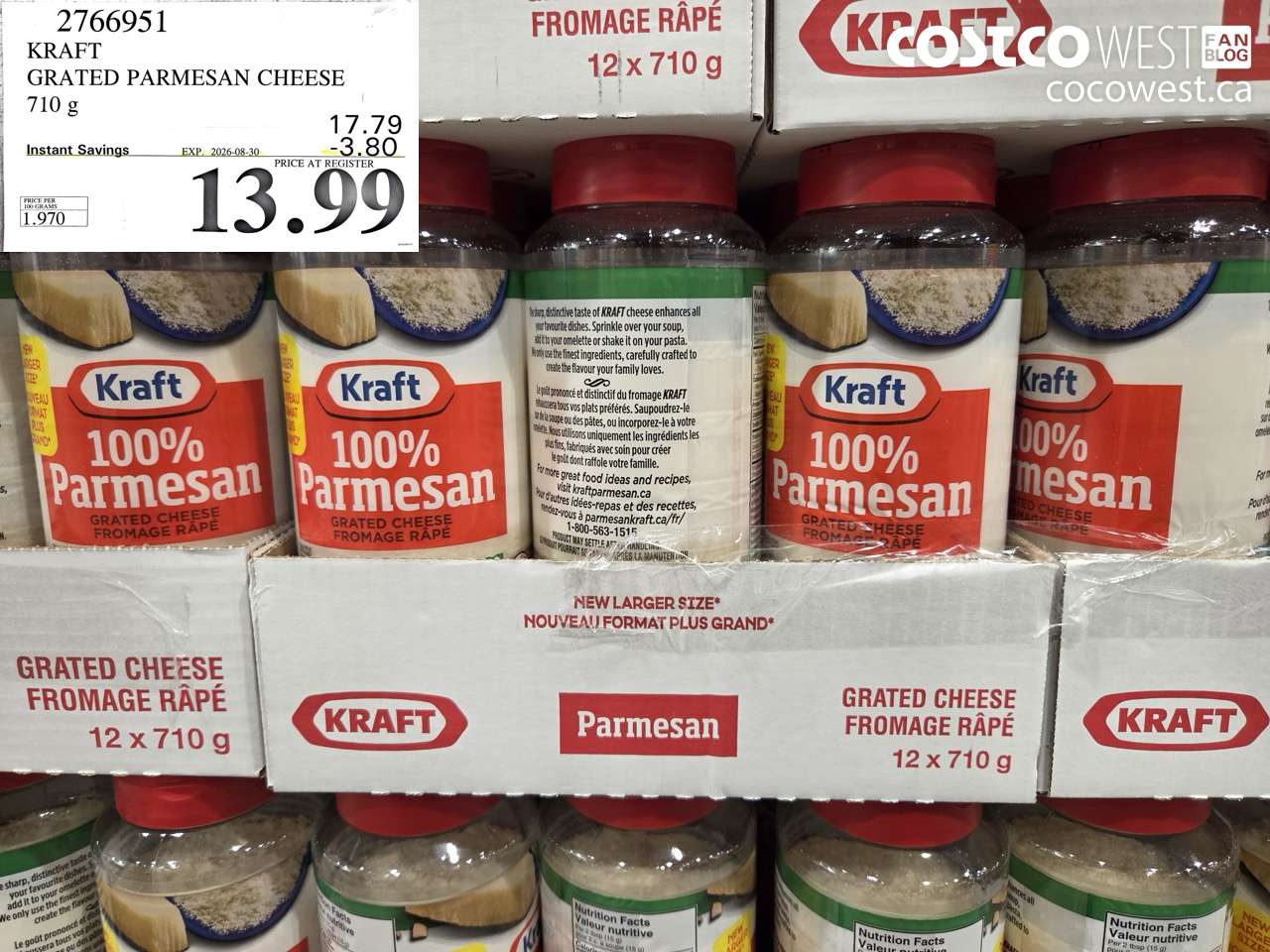 2766951 KRAFT GRATED PARMESAN CHEESE 710 G ($3.80 INSTANT SAVINGS EXPIRES ON 2026-08-30) $13.99
