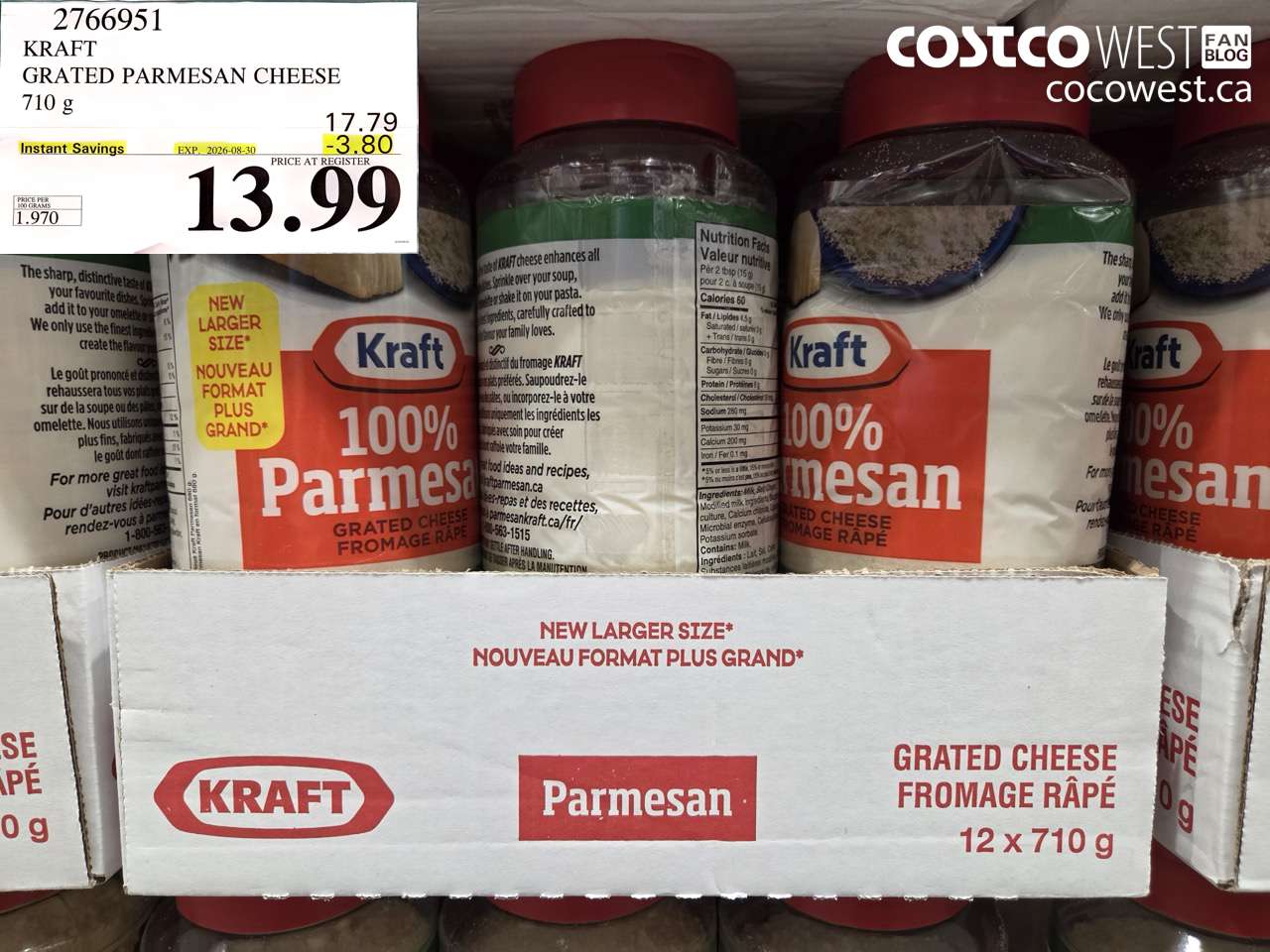 2766951 KRAFT GRATED PARMESAN CHEESE 710 G ($3.80 INSTANT SAVINGS EXPIRES ON 2026-08-30) $13.99