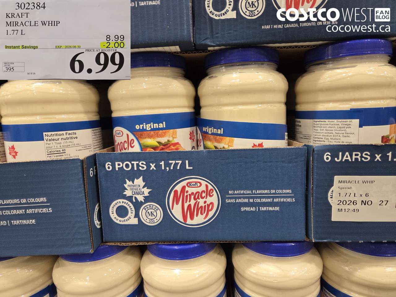 302384 KRAFT MIRACLE WHIP 1.77 L ($2.00 INSTANT SAVINGS EXPIRES ON 2026-08-30) $6.99