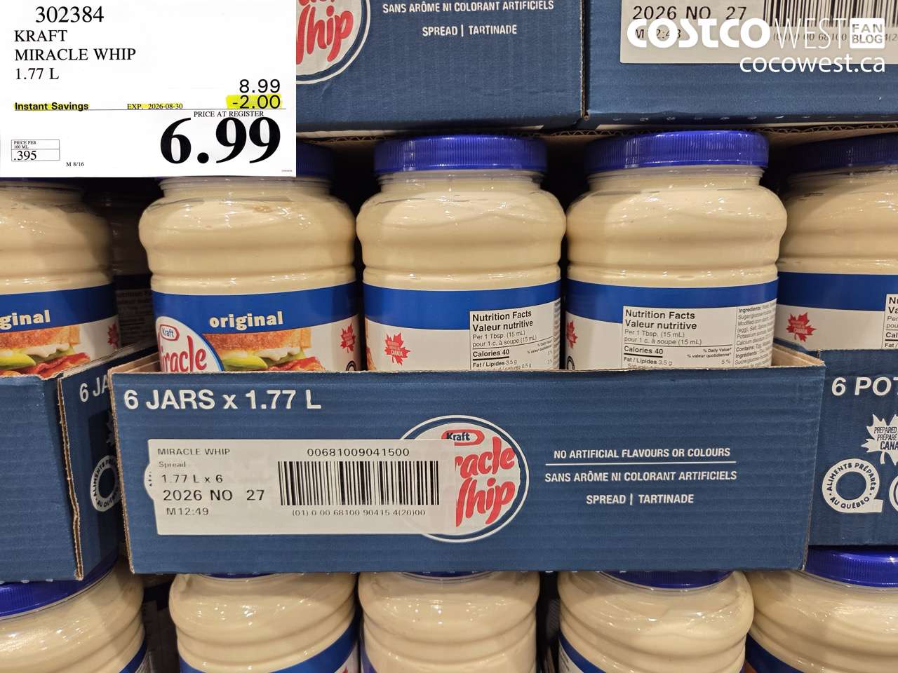 302384 KRAFT MIRACLE WHIP 1.77 L ($2.00 INSTANT SAVINGS EXPIRES ON 2026-08-30) $6.99