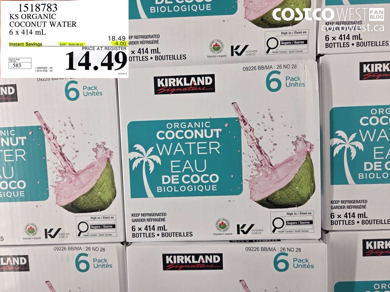 1518783 KS ORGANIC COCONUT WATER 6 X 414 ML ($4.00 INSTANT SAVINGS EXPIRES ON 2026-08-23) $14.49