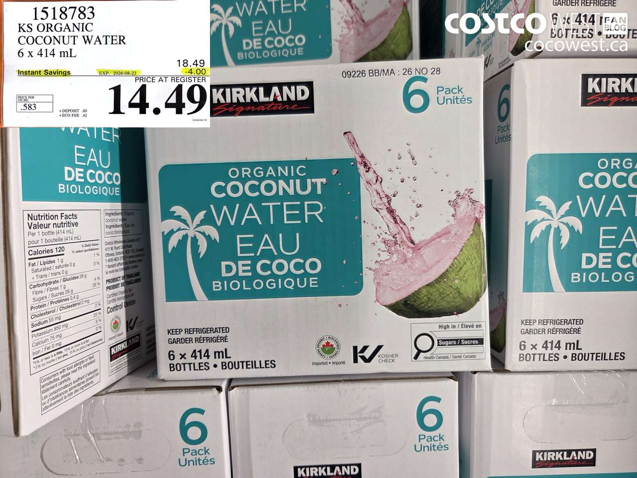 1518783 KS ORGANIC COCONUT WATER 6 X 414 ML ($4.00 INSTANT SAVINGS EXPIRES ON 2026-08-23) $14.49