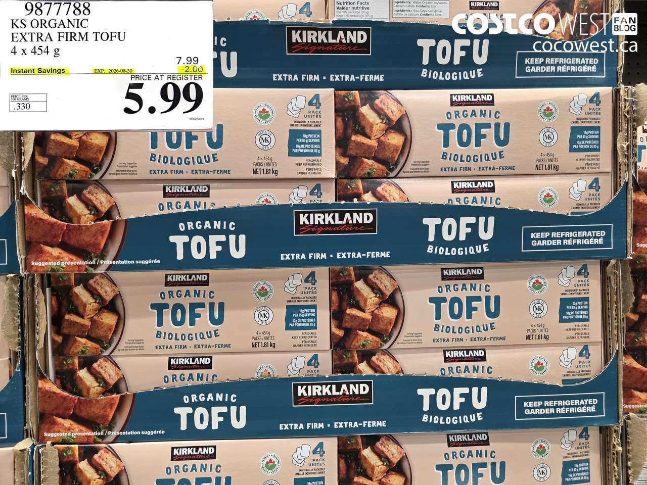 9877788 KS ORGANIC EXTRA FIRM TOFU 4 X 454 G ($2.00 INSTANT SAVINGS EXPIRES ON 2026-08-30) $5.99