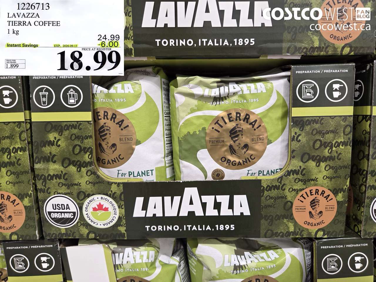 1226713 LAVAZZA TIERRA COFFEE 1 KG ($6.00 INSTANT SAVINGS EXPIRES ON 2026-09-13) $18.99