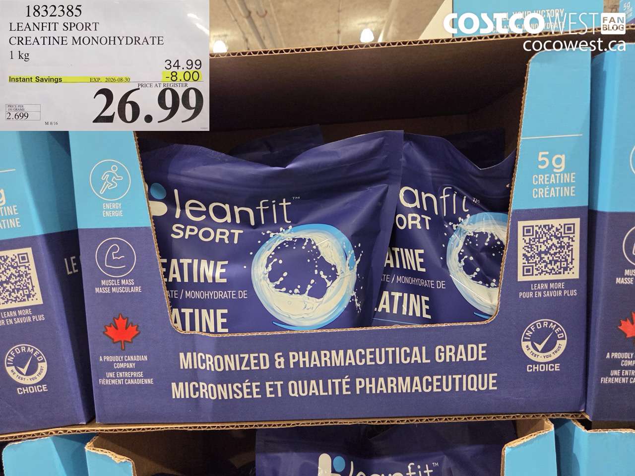 1832385 LEANFIT SPORT CREATINE MONOHYDRATE 1 KG ($8.00 INSTANT SAVINGS EXPIRES ON 2026-08-30) $26.99