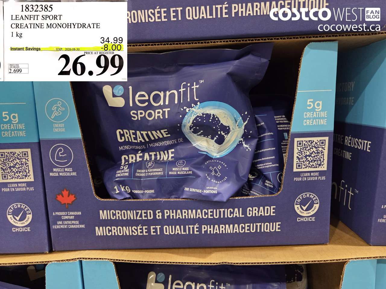 1832385 LEANFIT SPORT CREATINE MONOHYDRATE 1 KG ($8.00 INSTANT SAVINGS EXPIRES ON 2026-08-30) $26.99