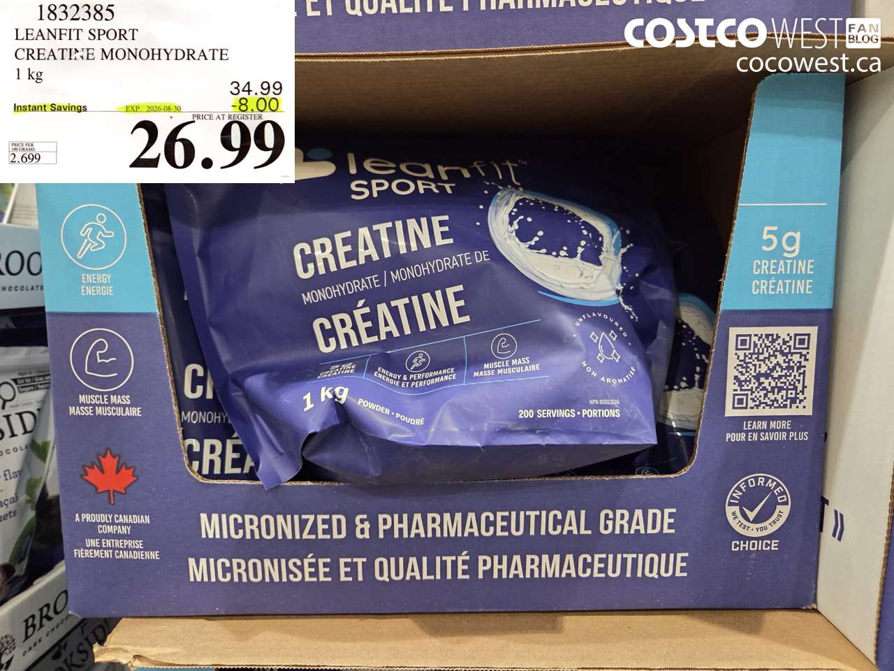 1832385 LEANFIT SPORT CREATINE MONOHYDRATE 1 KG ($8.00 INSTANT SAVINGS EXPIRES ON 2026-08-30) $26.99